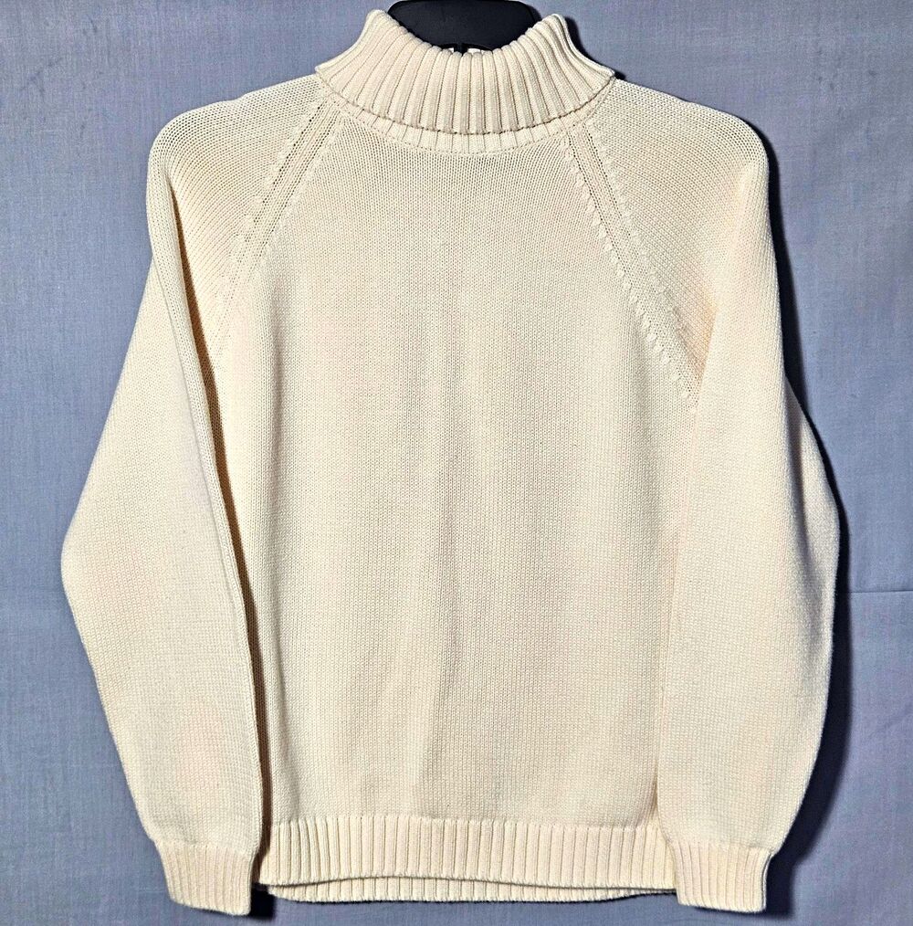 VTG 90s Lands End Turtleneck Sweater Japan Made Womens L 14-16 Cream Knit Cotton